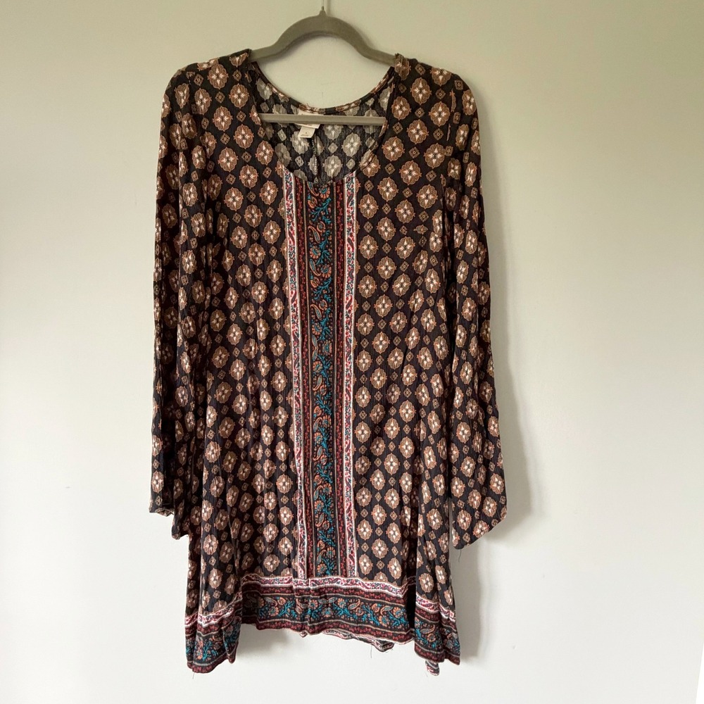 Mossimo Supply Boho Medallion Paisley Shift Dress Bell Sleeve Brown L Festival